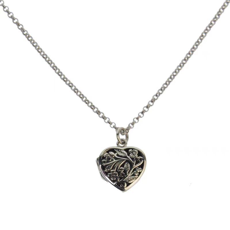 Silver 925 Hollow Out Tree Branch Luster Heart-shaped Necklaces Can Open Pendant Retro Ethnic Style Keel Chain Fine Jewelry