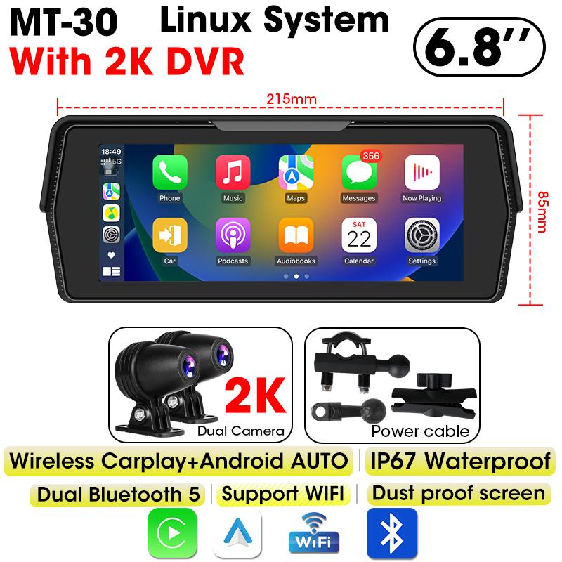 6.8 Inch Motorcycle Navigation 2K DVR Wireless CarPlay Android Auto IP67 Waterproof Dual Bluetooth Display Screen Portable TPMS