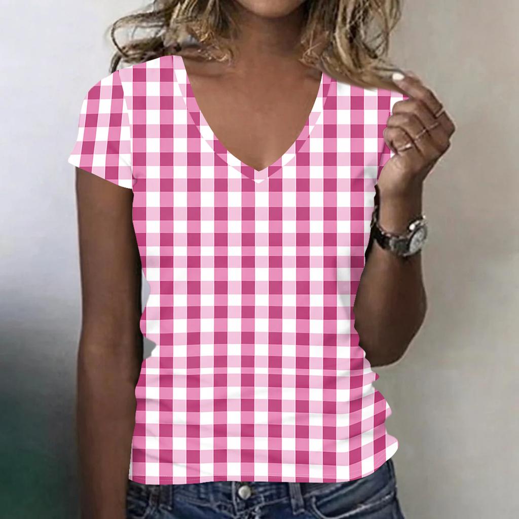 Women’s Fashionable Casual V-neck Short-sleeved Check Print Slim-fit Lightweight T-shirt Top