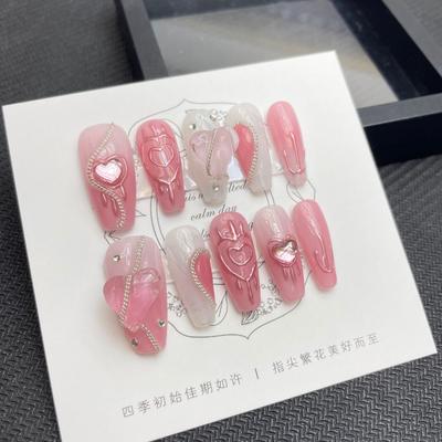 HANDMADE Artificial Nail Sweet Love Crystal Phototherapy Nails Reusable and Removable Nails