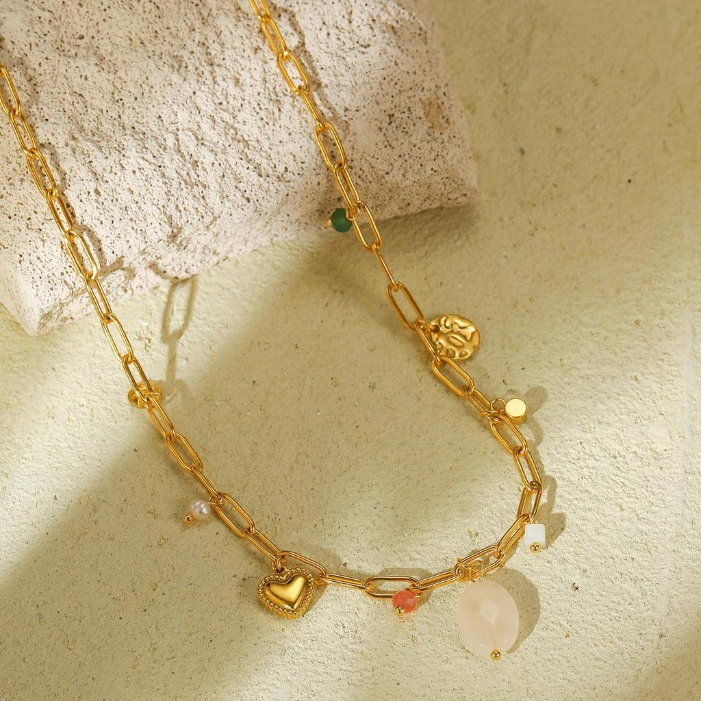 Luxury European-American Natural Stone & Pearl Stainless Steel Necklace with High-Grade Titanium Steel Pendant