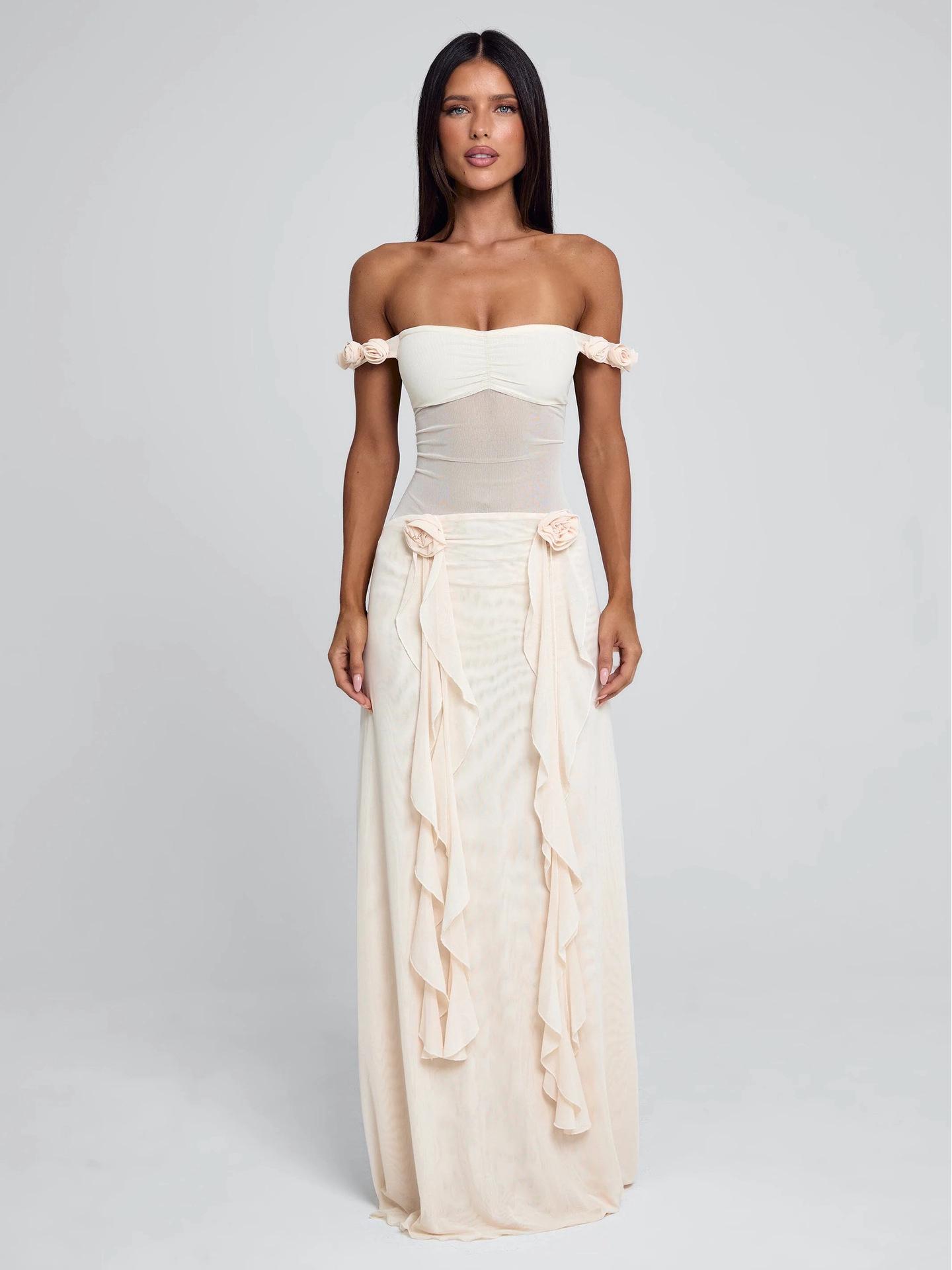 Off-Shoulder Mesh Patchwork Dress with Lace-Up Back & 3D Floral Design L абрикосовый