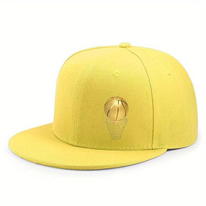 Gold Basketball Hoop Logo Flat Brim Snapback Hat Polyester Adult Unisex Outdoor Casual Cap