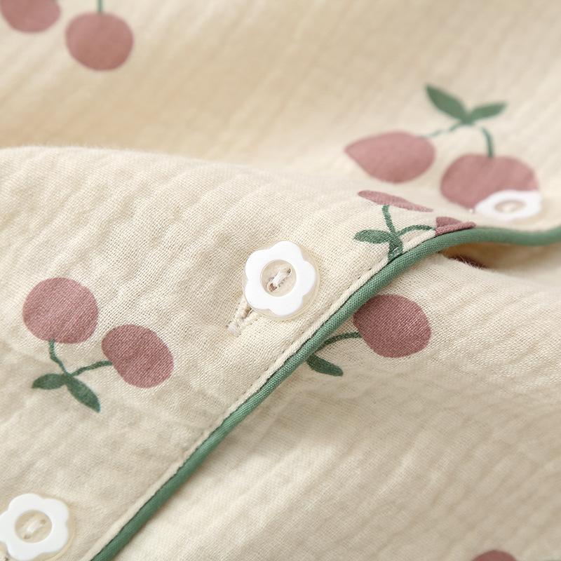 Crepe Cotton Lapel Cardigan Spring and Summer Women's Pajamas Set Loungewear Long Sleeves Trousers Seersucker Cotton Yarn
