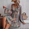Autumn/winter Elegant Women's Floral Print V-neck Dress with Flared Sleeves