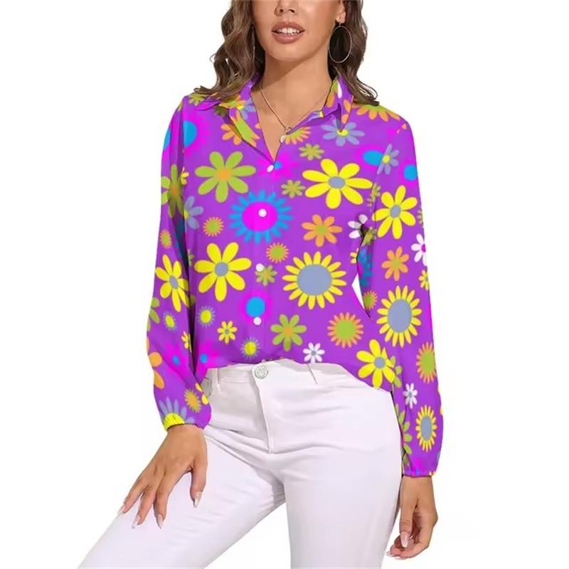 Helle Flower Power Bluse Retro Hippie Blumen Trendige Bedruckte Blusen Damen Langarm Freizeithemden Frühling Übergroße Kleidung