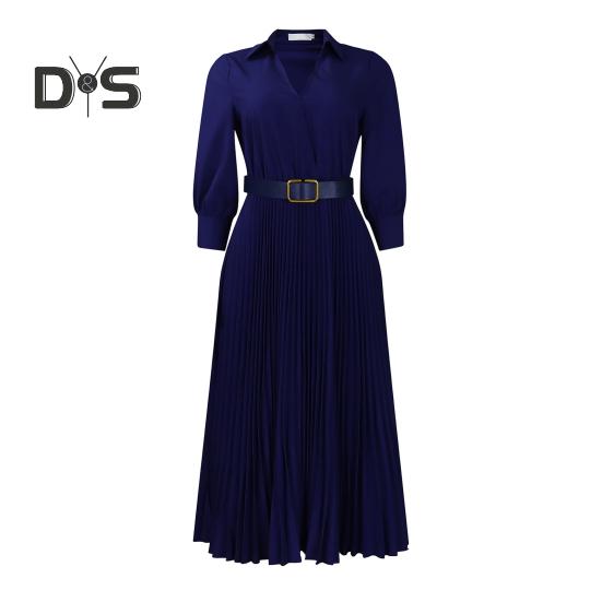 Summer Lady Dress V Neck Lapel A-line Three Quarter Sleeves Pleated Slim Waist Plus Size Pure Color Mid-calf Length OL Commute Midi Dress
