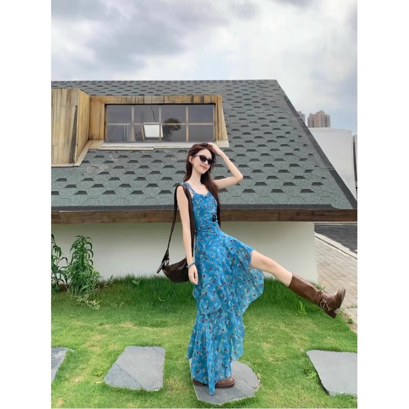 Holiday Style Retro Floral Suspender Dress Women's Summer Design Sense Irregular Long Dress Waist Thin A-shaped Skirt
