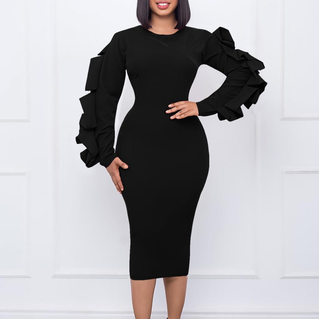 Long Sleeve Bodycon Dress Women Ruffles Sleeve Solid O Neck Package Hips Mid Calf Dress Clothes Robe