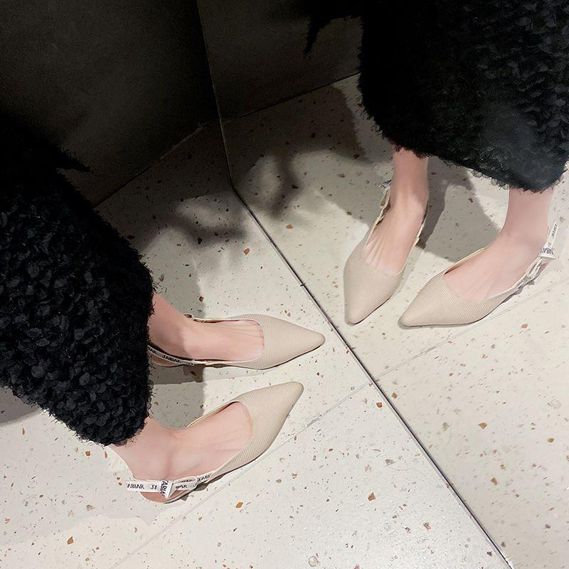 European and American retro pointed head light mouth back empty flats letter bow knitted sandals women's 2025 summer and autumn new models