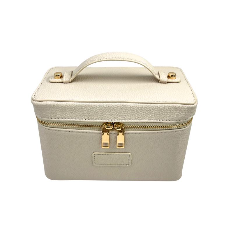 Portable Cross-Grain Leather Cosmetic Bag with Gold Hardware - Makeup and Skincare Travel Organizer