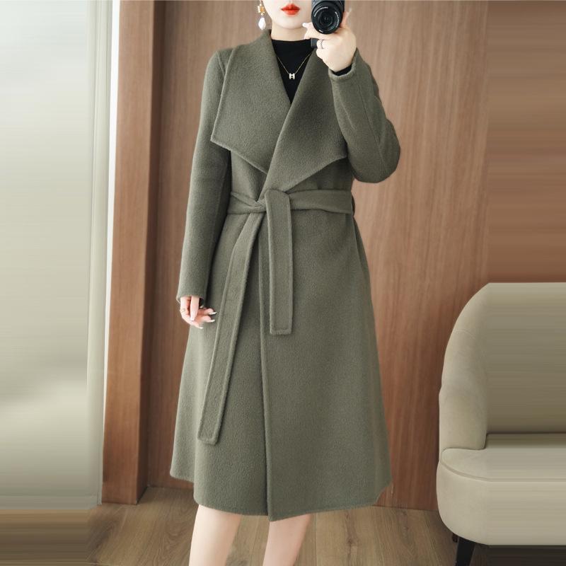 2025 Autumn/Winter Korean Style Double-Faced Wool Coat with Belt and Large Lapel, Over-the-Knee Mid-Length