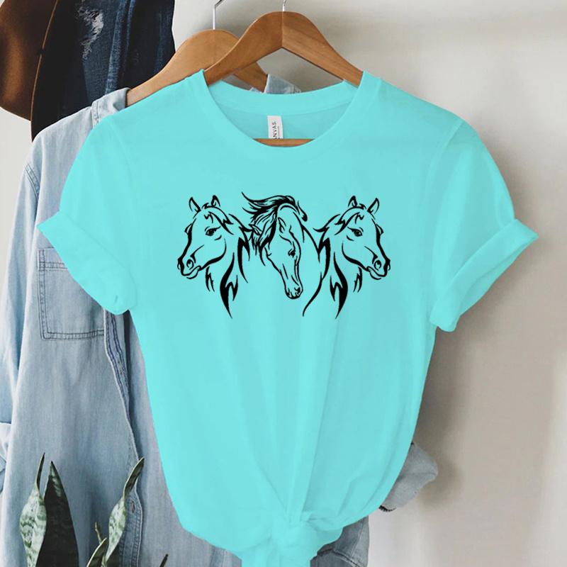 Harajuku Mode T-Shirt Druck Weiß Schwarz Pferd Grafik Damen T-Shirt Kurzarm Weiblich Sommer Pferd Lässig Locker T-Shirt