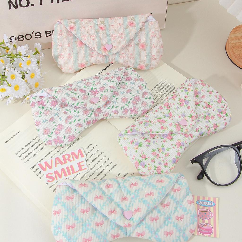 Cute Floral Corduroy Glasses Pouch with Snap Closure Eyeglass Sleeve Cover for Women Portable Quilted Sunglasses Case