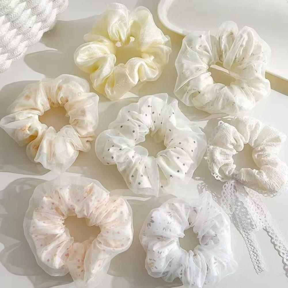 7pcs Pastel Mesh Floral Print Scrunchies Elastic Ponytail Holders for Women Girls 7PCS бежевый