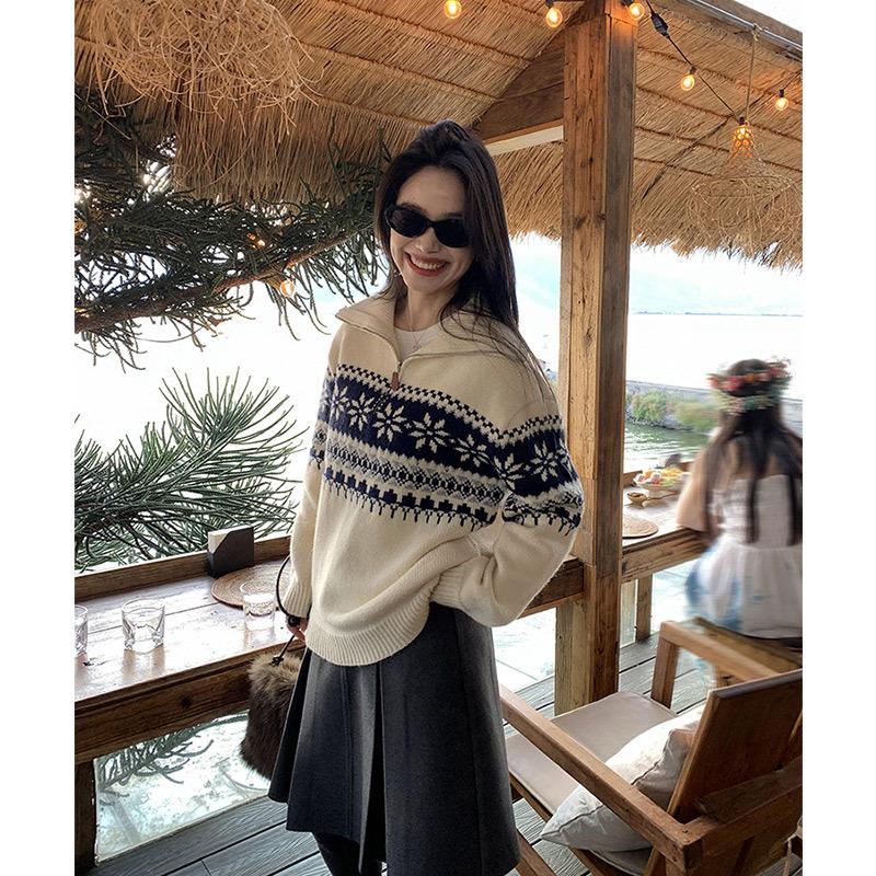 Women's Retro Fair Isle High-Neck Half-Zip Sweater Pullover | 2026 Autumn/Winter Collection | Trendy, Loose Jacquard Knit Top