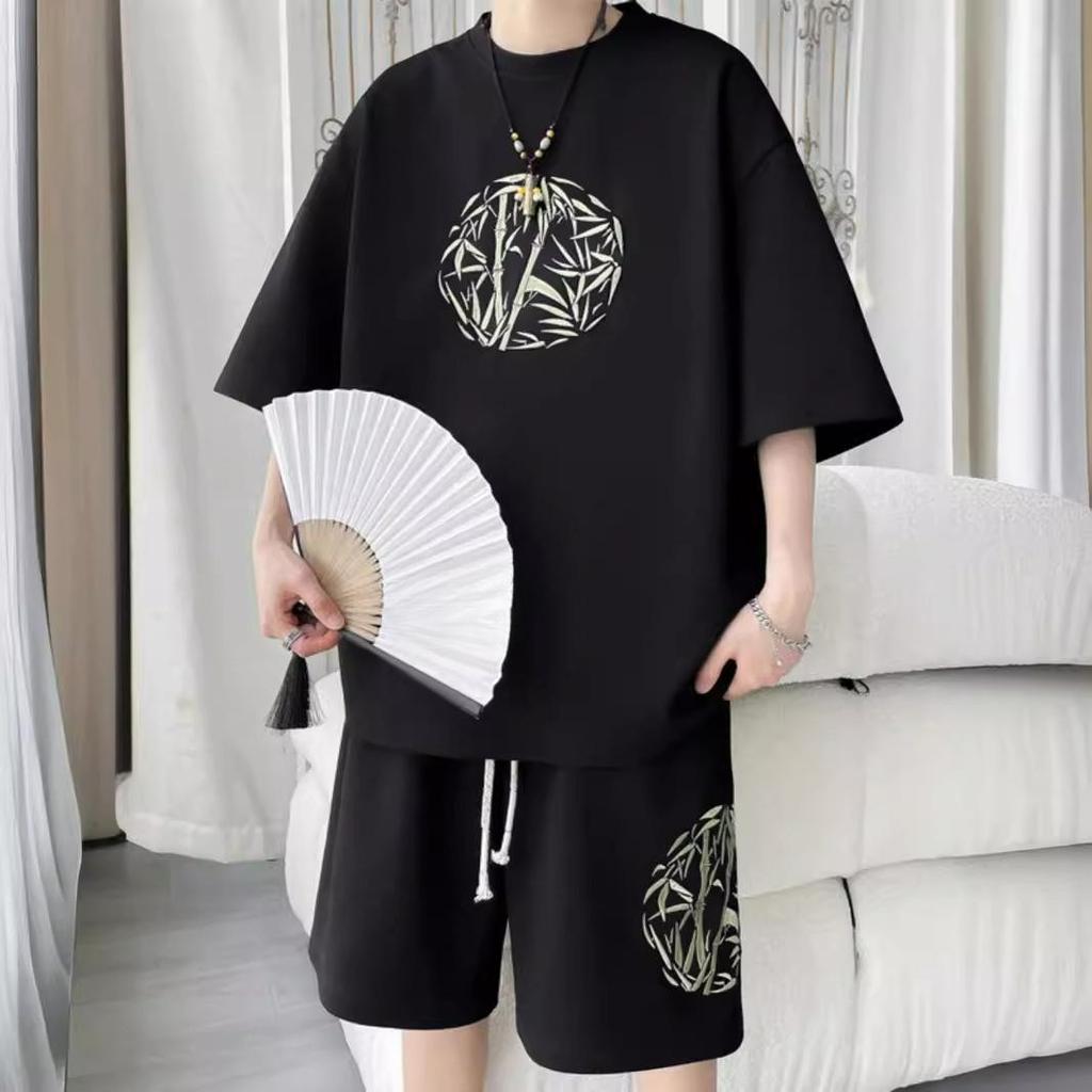 Chinese Style National Style Large Size Ice Silk Suit Men's Summer Loose Casual Sports Shorts Short-sleeved T-shirt Two-piece Suit