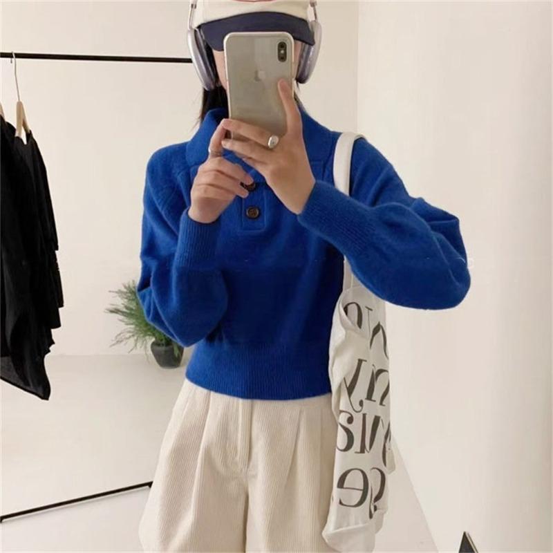 

Lapel high waist short knitted sweater outer wear women s new autumn and winter high-end long-sleeved pullover sweater women s top one size fits all
