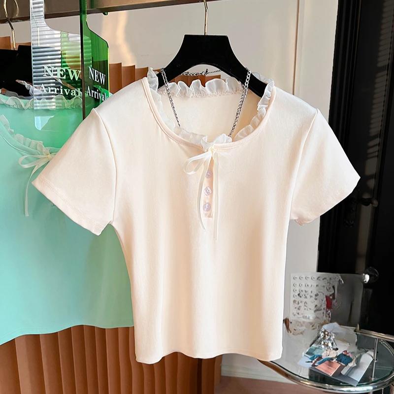 Női nyári rövid ujjú pólók koreai tiszta pamut egyszínű póló O nyakú csipke betétes crop top póló női alkalmi karcsúsított póló
