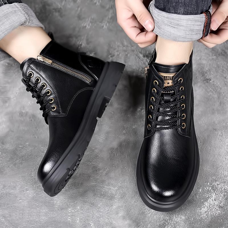 Men's High Top Leather Shoes Classic Street Style Motorcycle Boots Leisure Walk Male Mid-Calf Boots Outdoor Versatile Men Botas