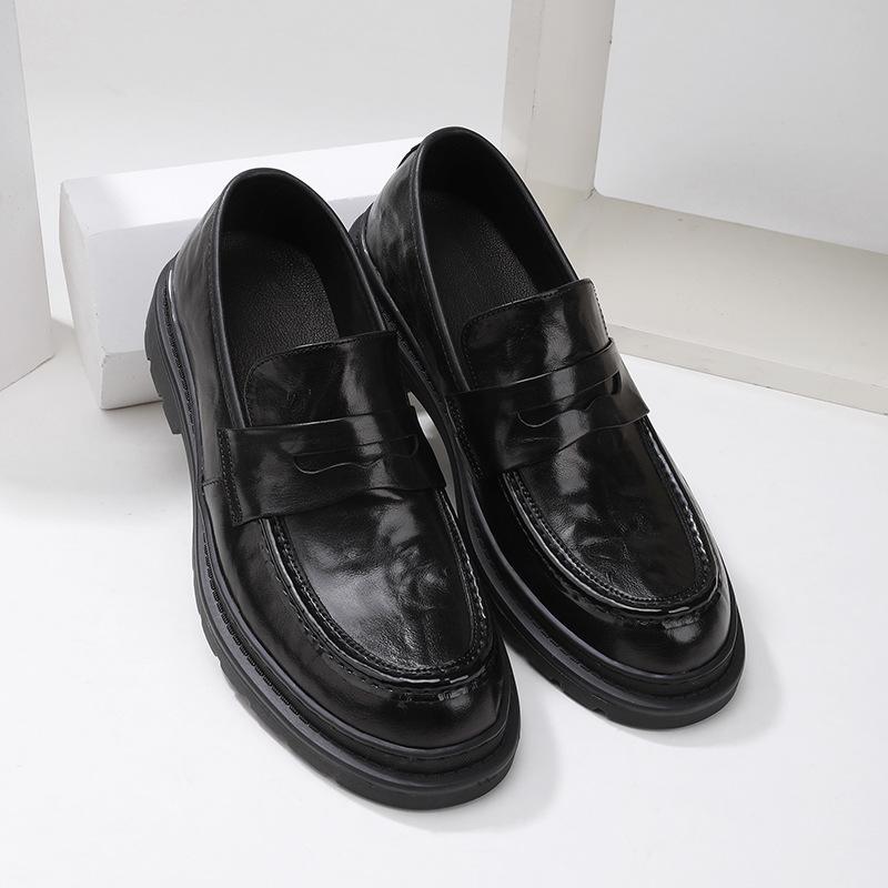 Popular Hand-Grabbed Calfskin Men'S Loafers Thick-Soled Heightening Four-Season Shoes Business Casual Leather Shoes Doudou Shoes