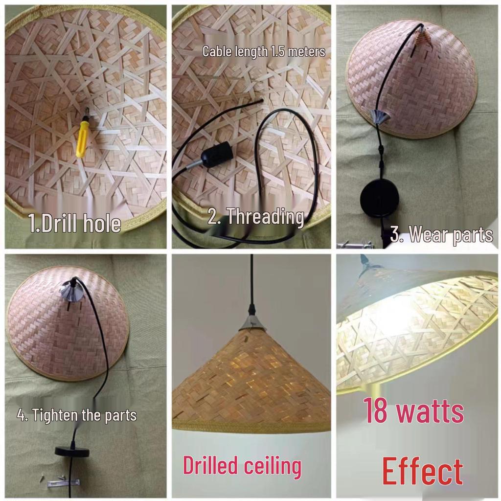 Retro Chinese Bamboo Pendant Light: Nostalgic Straw Hat Design for Hot Pot and Local Cuisine Restaurants