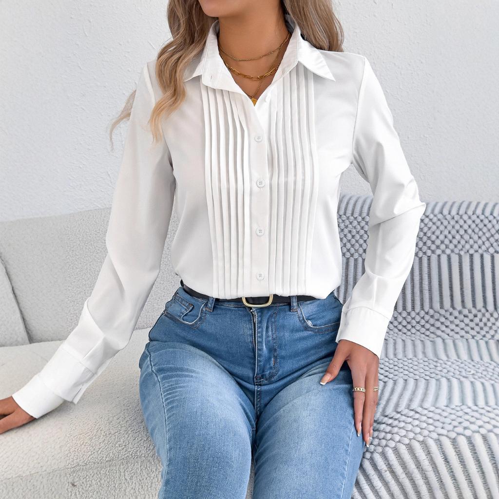 Women Pleated Front Button Down Long Sleeve Blouse