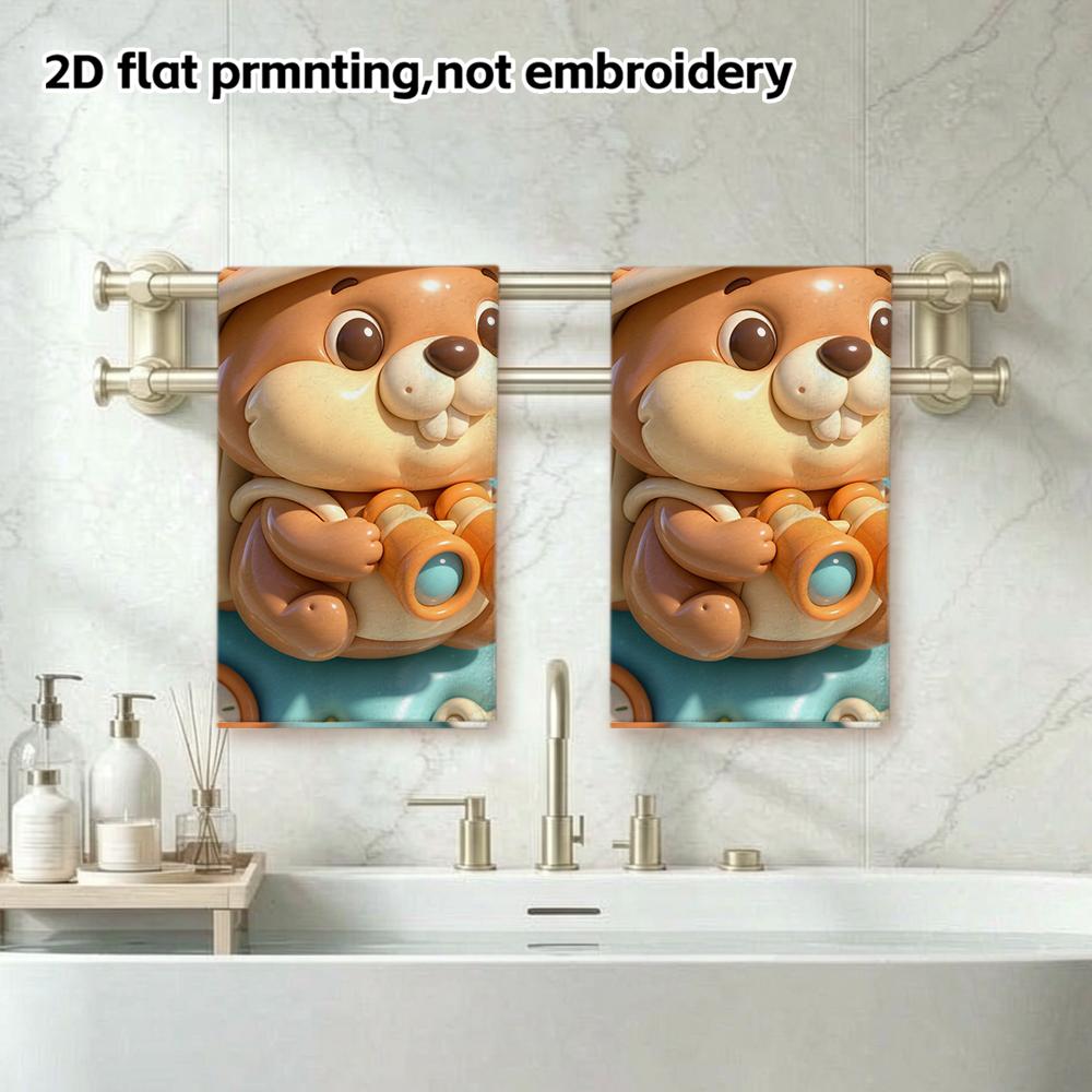 Explorer Beaver Adventure Towel, Soft Absorbent Hand Towel for Shower, Puffy Cartoon Animal Bathroom Towel