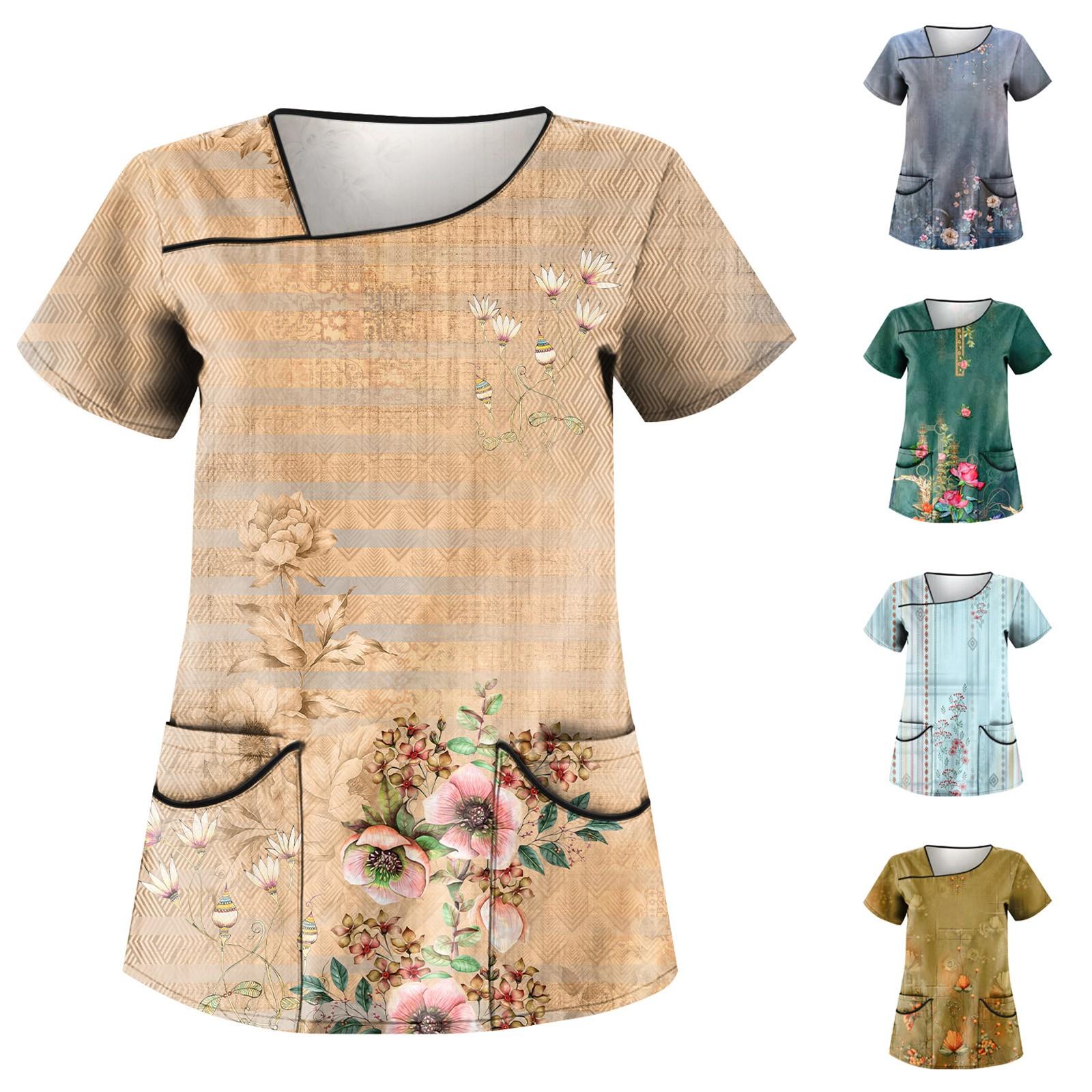 

Женская рабочая одежда с принтом в стиле ретро, ​​косым воротником и двухслойными карманами, базовые топы, пуловер