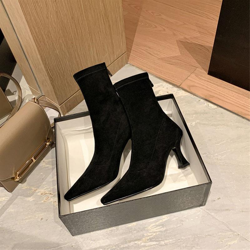 

Brown short boots women s high-heeled thin-heeled suede pointed rear zipper 2025 new winter Korean version elastic thin boots 35 чёрный