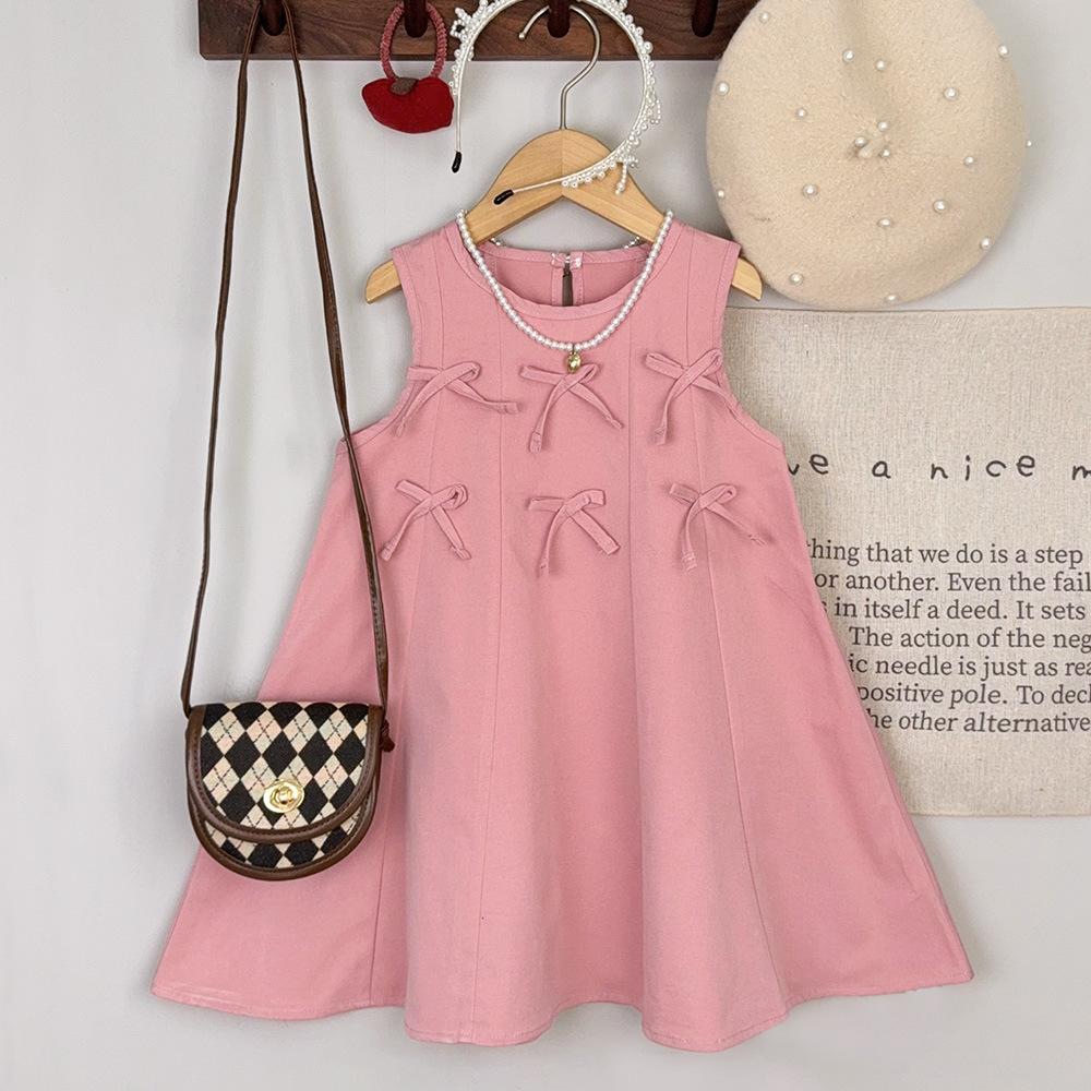Girls Pink Sleeveless Princess Dress Solid Fashion Bow Decoration Summer Children Clothing 100cm розовый
