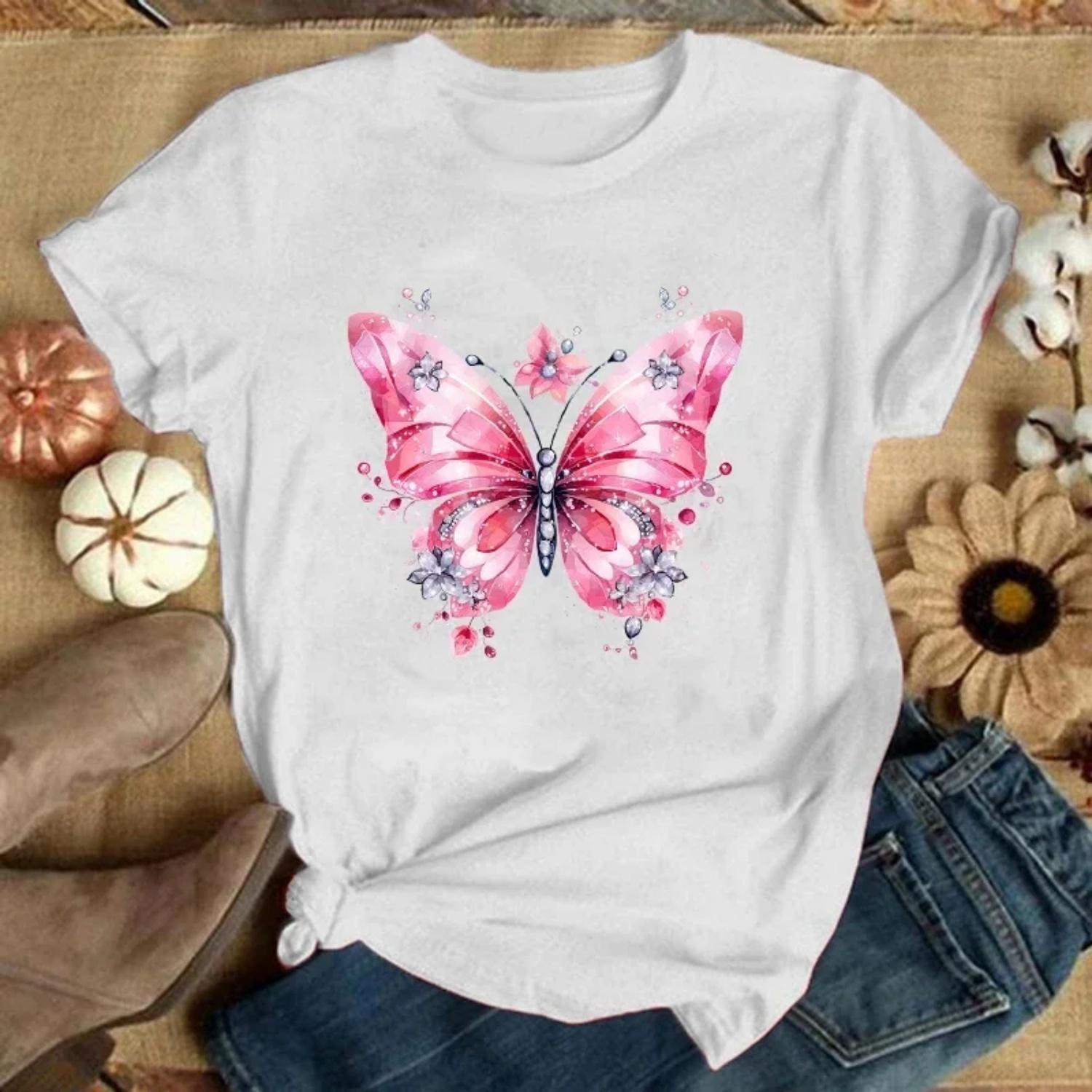 Fashion Flower Butterfly Printed T-Shirts Men Women Summer Casual Short Sleeved T-Shirts Round Neck Tops Flower Butterfly tops XXXXXL белый