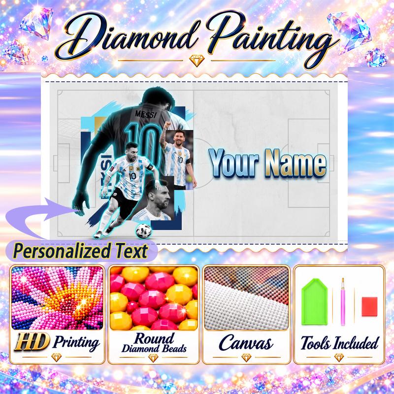 Lionel Messi 5D DIY Diamond Painting Custom Name Text, Full Drill Rhinestone Mosaic Art Home Gift