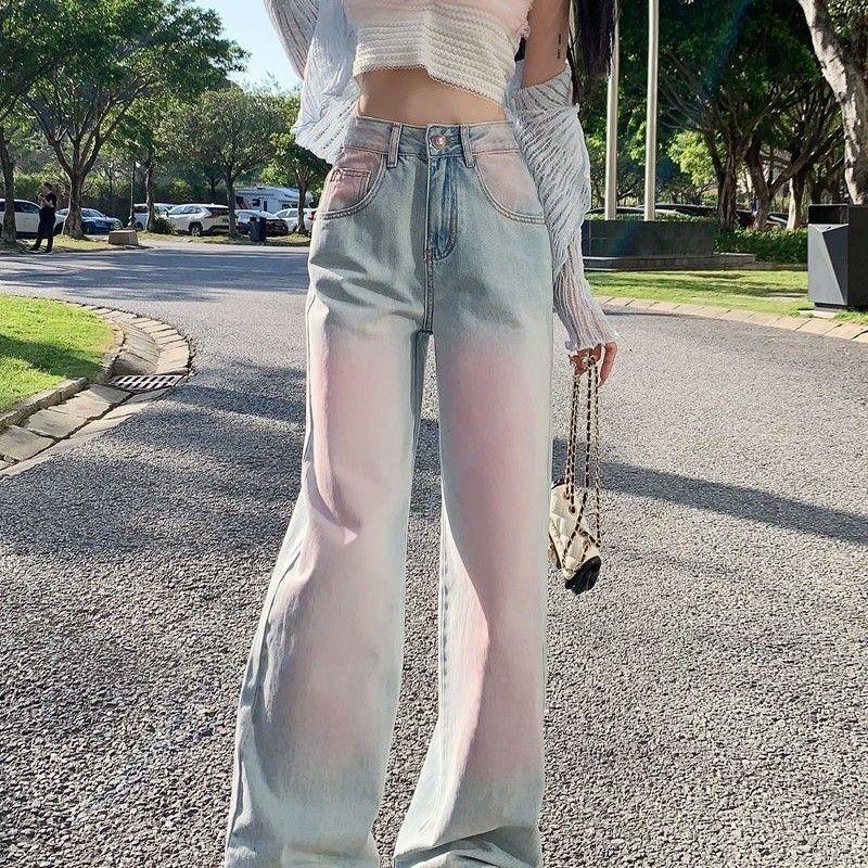 Design Blush Jeans Women New Fashion Trend Slim Retro Hong Kong Style Straight Gradient Pants