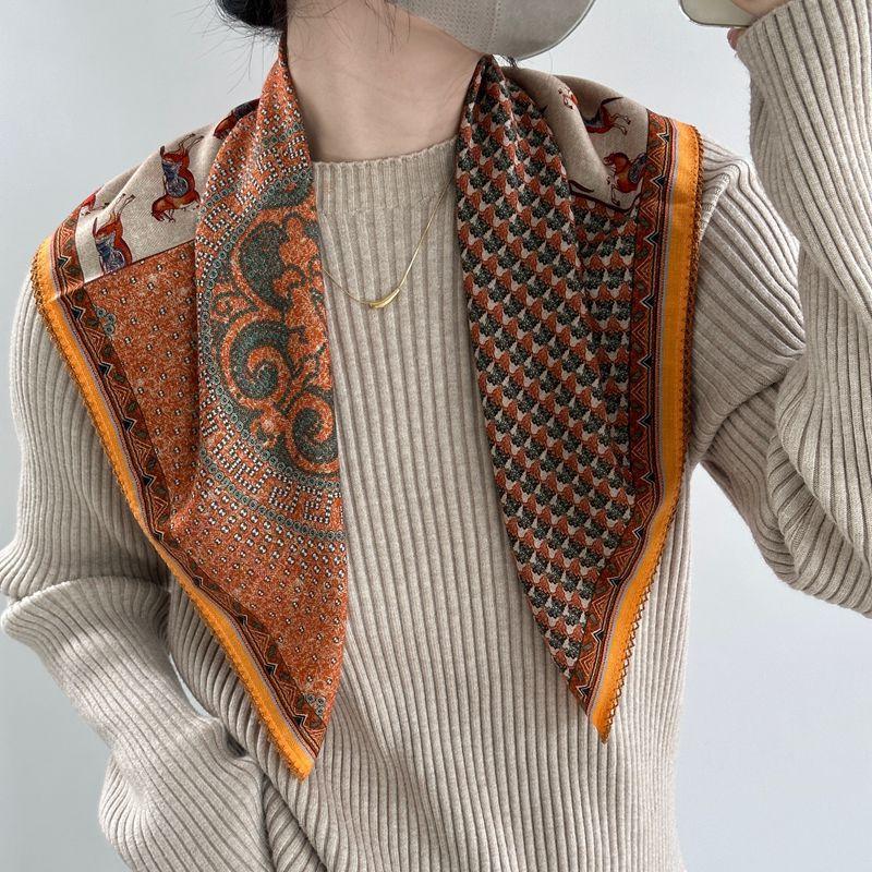French Pony Totem Orange Silk Cashmere Scarf Multi Purpose Small Square Scarf High End Gift Mother Silk Scarf for Women
