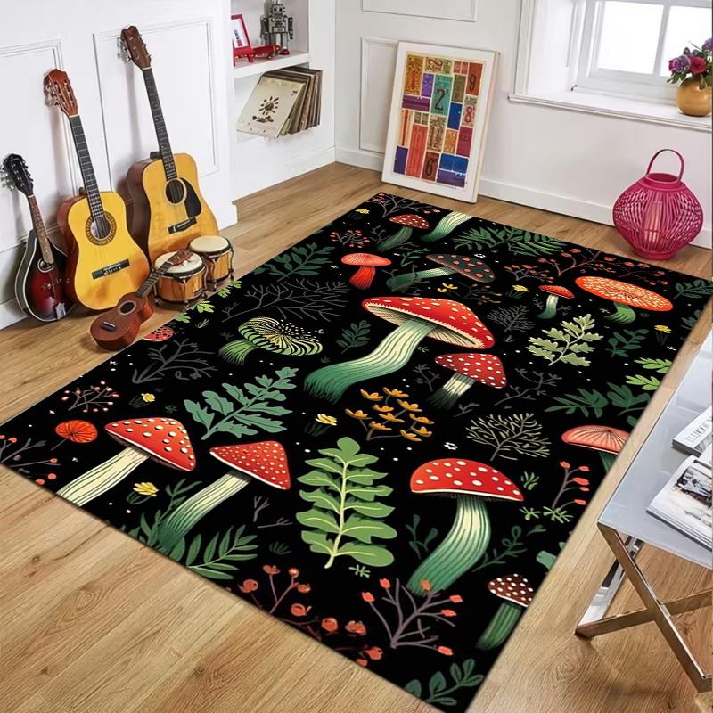 Black Forest Mushroom Flowers Pattern Carpet Mat Rug Nature Leaf Print Vintage Art Floor Mat Non-slip Living Room Bedroom Decor