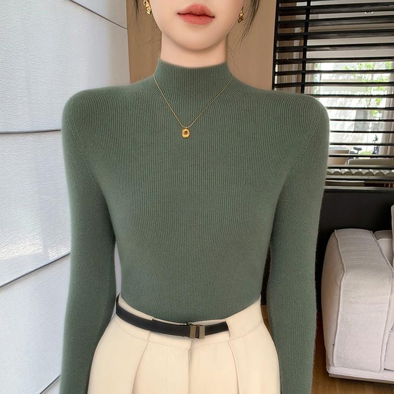 Women's Black Wool Semi-High Neck Base Layer Sweater - Soft, Comfortable, Slimming Fit for Autumn/Winter.