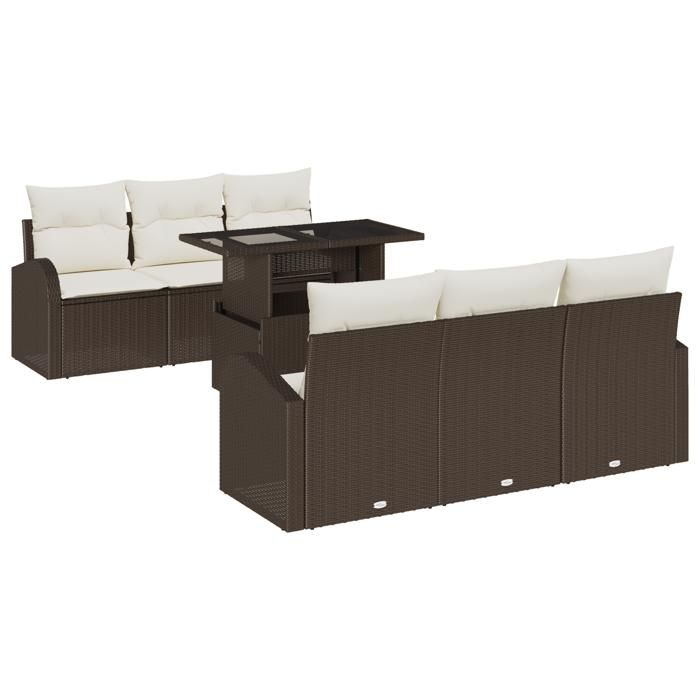 Canapé de jardin 7 pièces avec coussins marron poly rattan, Canapé de jardin 2 places avec rangement et coussins marron poly 3357301