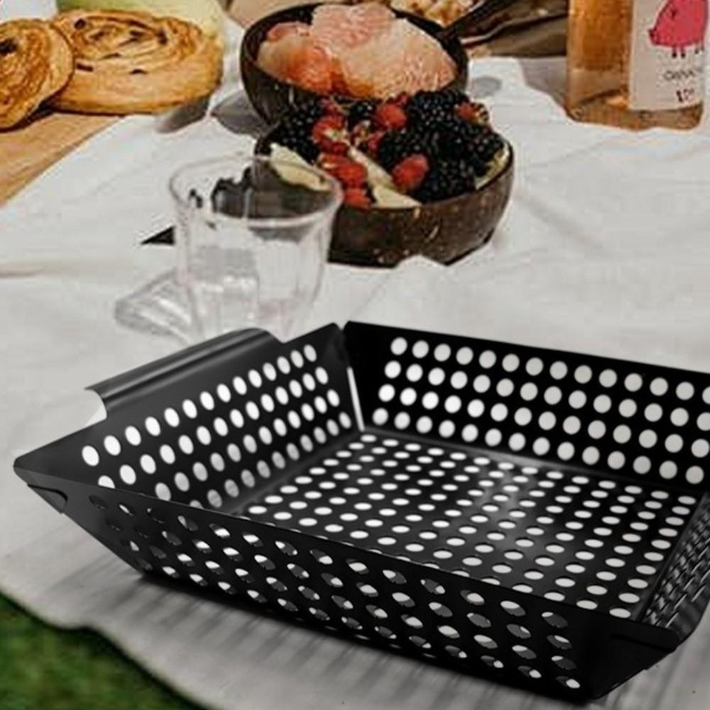 Heat Resistant Barbecue Grill Pan Non-Stick Coated with Drain Holes Grill Basket Cast Iron Square Grill Tray Picnic