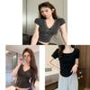 Tshirt For Women Summer Lace Panel Vneck Short Sleeve With Bow Embroidery Oversize Style