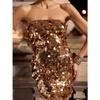 Gold Sequin Strapless Mini Dress Large Paillette Backless Bodycon Short Gown Sexy Metallic Tube Top Sleeveless Nightclub Party Cocktail Evening Dress