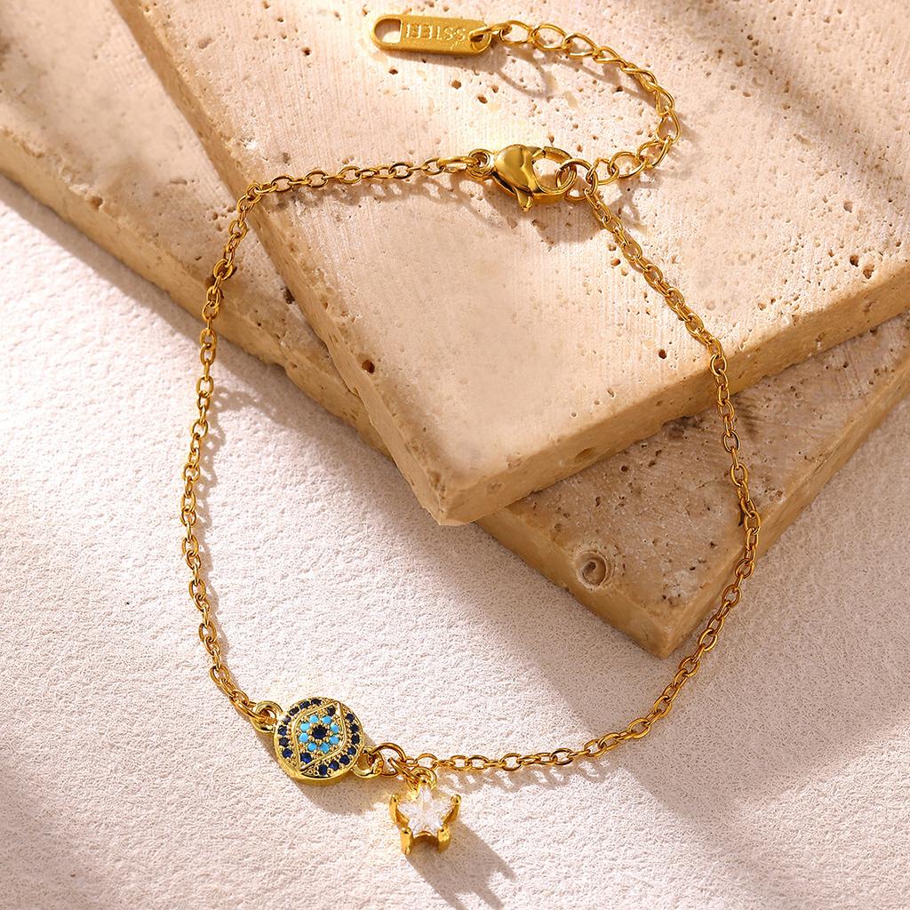 Minimalist Gold Color Evil Eye Bracelet With Star Pendant For Women Waterproof Stainless Steel Chain Hand Jewelry Summer Gifts