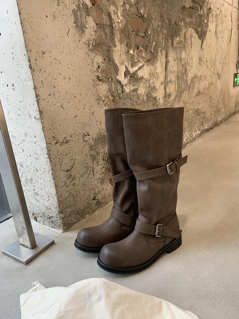 Retro Spice Girl Fashion Wide Tube Big Tube Circumference Round Head Pants Boots Thick Heel Thick Bottom Medium Length Knight Boots Women