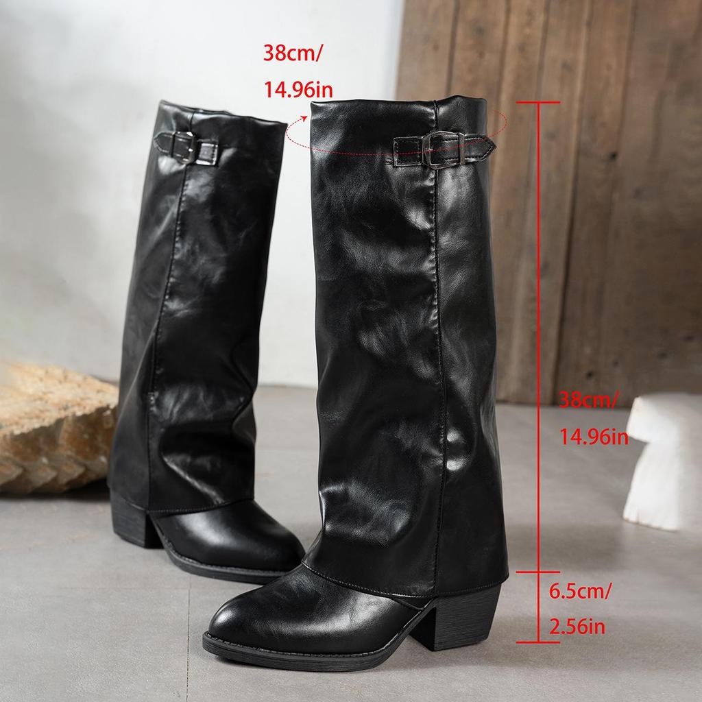 Spicy Cross-border E-commerce Mid-Calf Chunky Heel Pointed Toe Metal Buckle Trouser Boots, Plus Size Women's High Heel Boots.