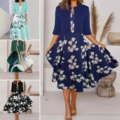2 Teile/Satz Damen Mantel-Kleid-Set Halbarm Einfarbig Strickjacke Blumendruck V-Ausschnitt Ärmellos A-Linie Kleid Formeller Pendlerstil Lady Midikleid-Set