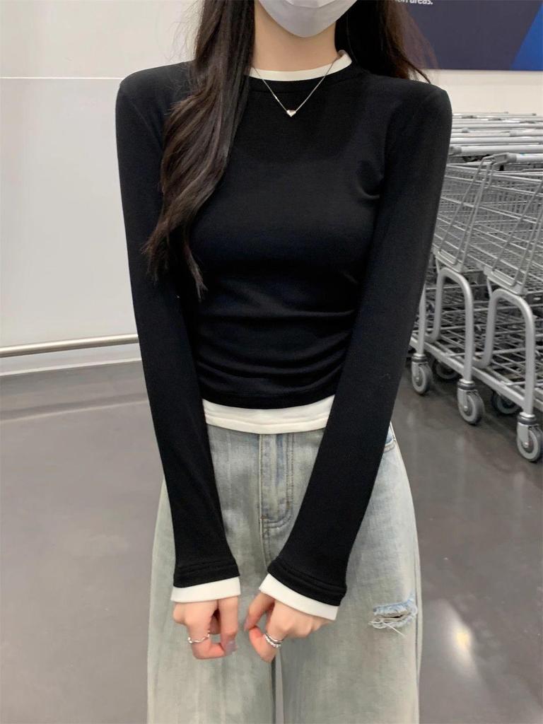 Women's Retro Spliced Pleated Two-Piece Long-Sleeve T-Shirt