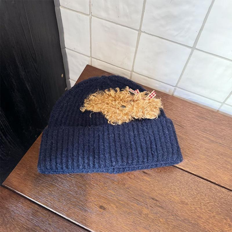 Korean Autumn and Winter Knitted Hat Cute Teddy Puppy Woolen Hat for Women  Versatile Warm and Face Friendly Small Ear Protection Hat  Pullover Hat