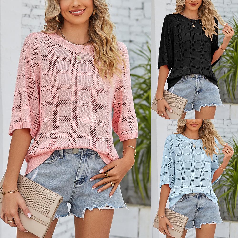 2024 Summer Women's Fashion Round Neck Hollow-Out Sun Protection Knit Sweater Cardigan