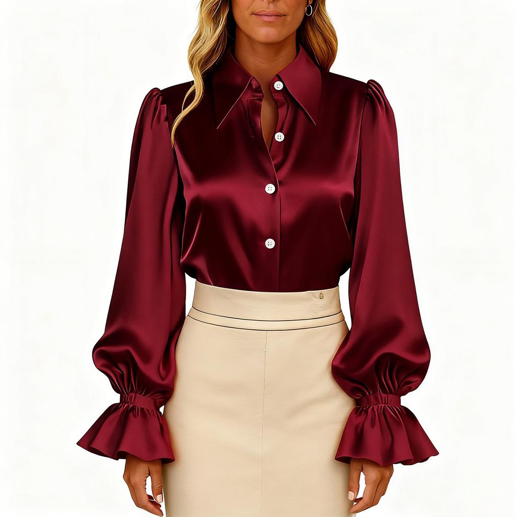 Women's Fashion Solid Color Collar Button Long Sleeve Shirt Top