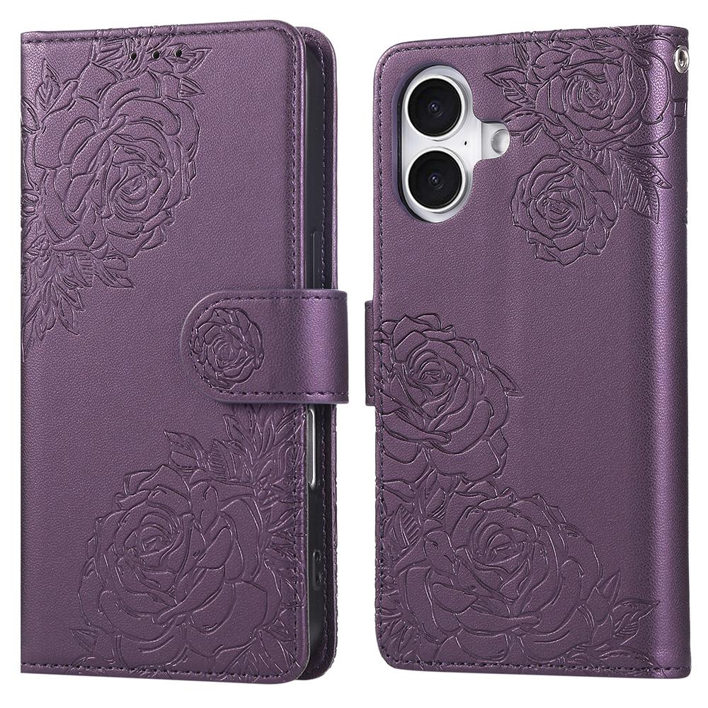 

For iPhone 16 Plus Case Rose Flower PU Leather Wallet Phone Cover with 3 Card Slot Dark Purple